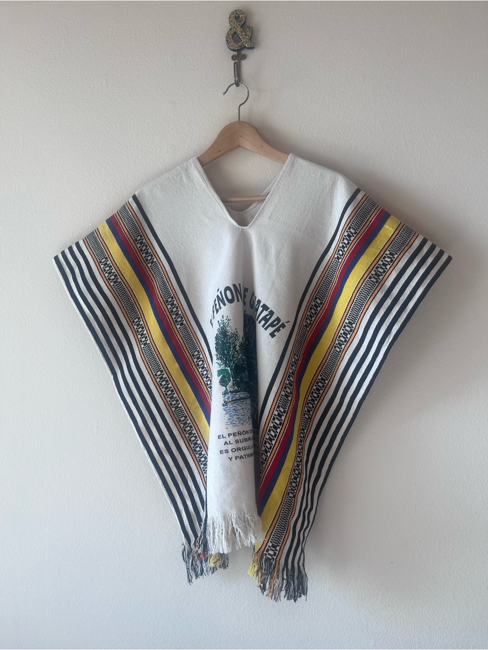 White Poncho with Multicolor Stripe Accents